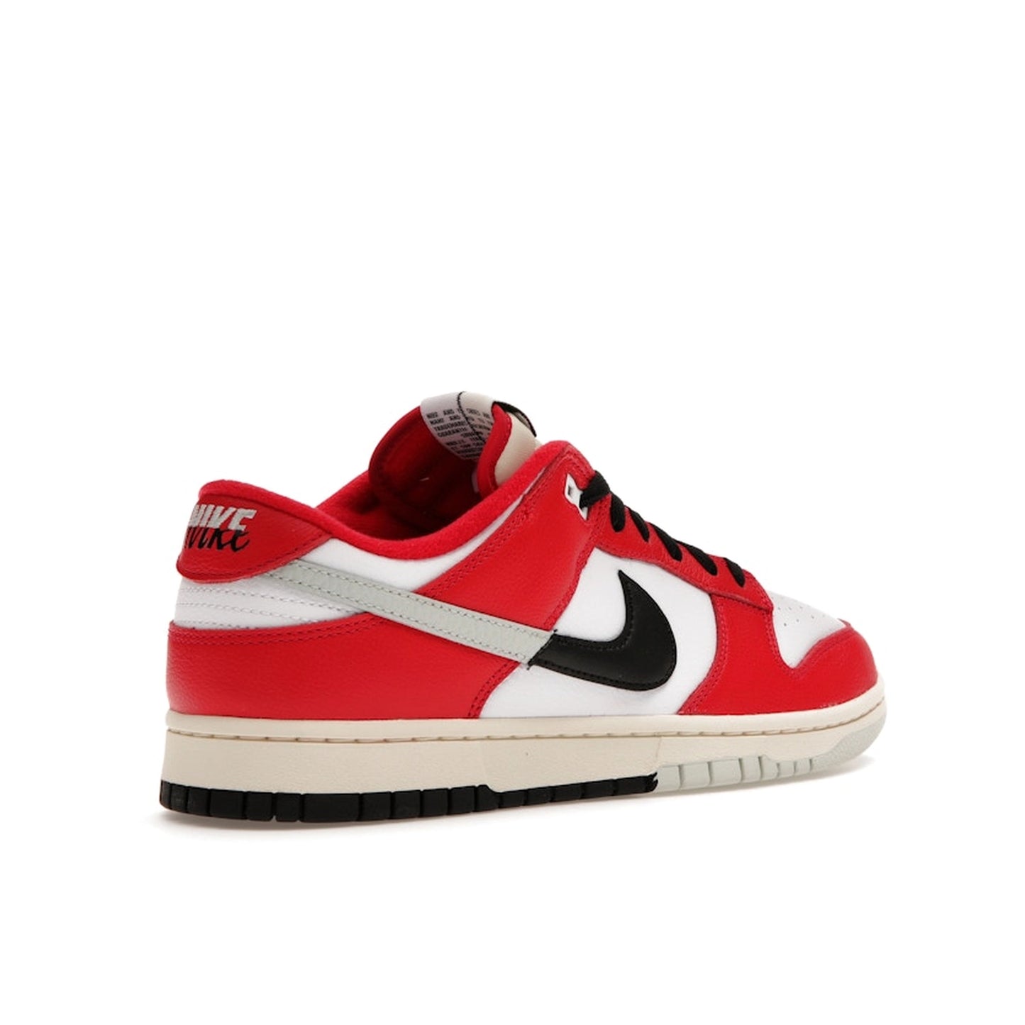 Nike Dunk Low Chicago Split sneakers, back view, model DZ2536-600, in red and white with black accents.