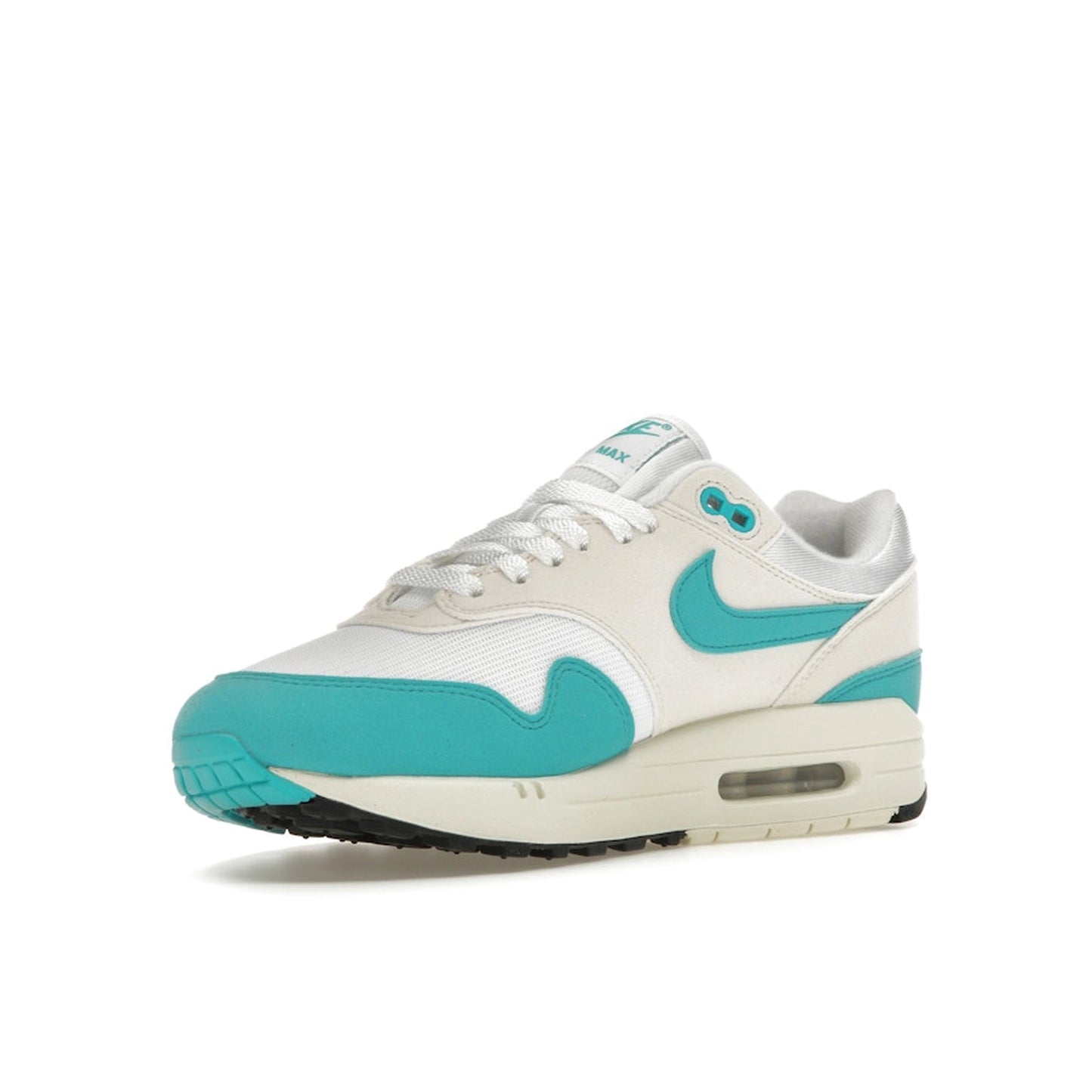 Nike Air Max 1, front view, in white and teal green with neutral grey accents.