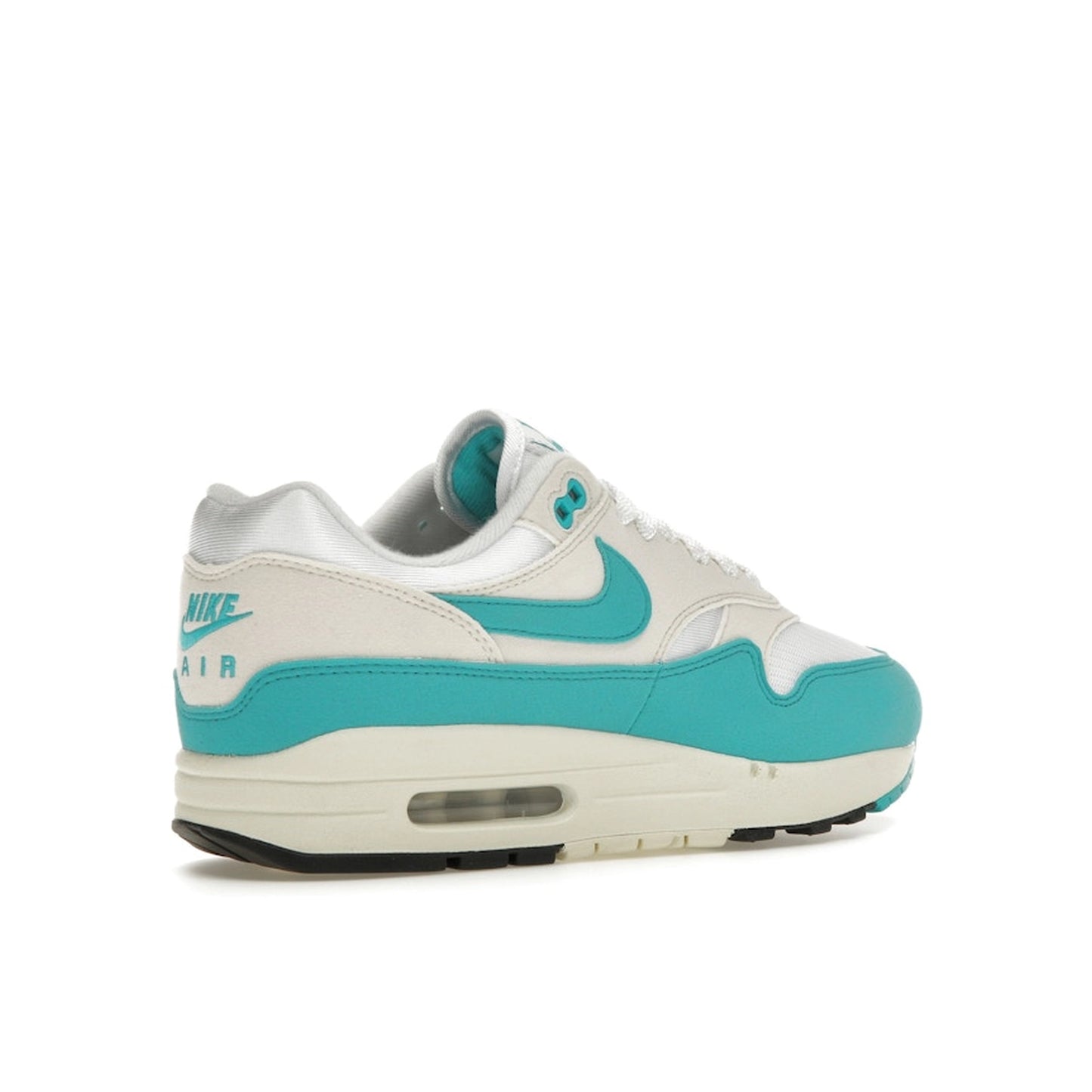 Nike Air Max 1, back view, in white and teal green with neutral grey accents.