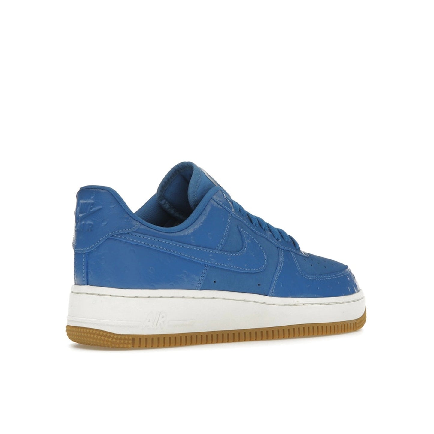 Nike Air Force 1 Low ’07 LX Blue Ostrich, back view, in deep blue with premium textured overlays.