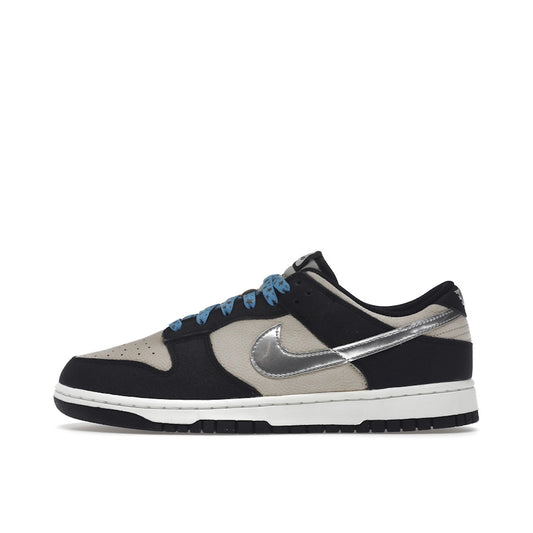 Nike Dunk Low Starry Laces sneakers, side view, model DZ4712-001, women's, black and grey with starry laces.