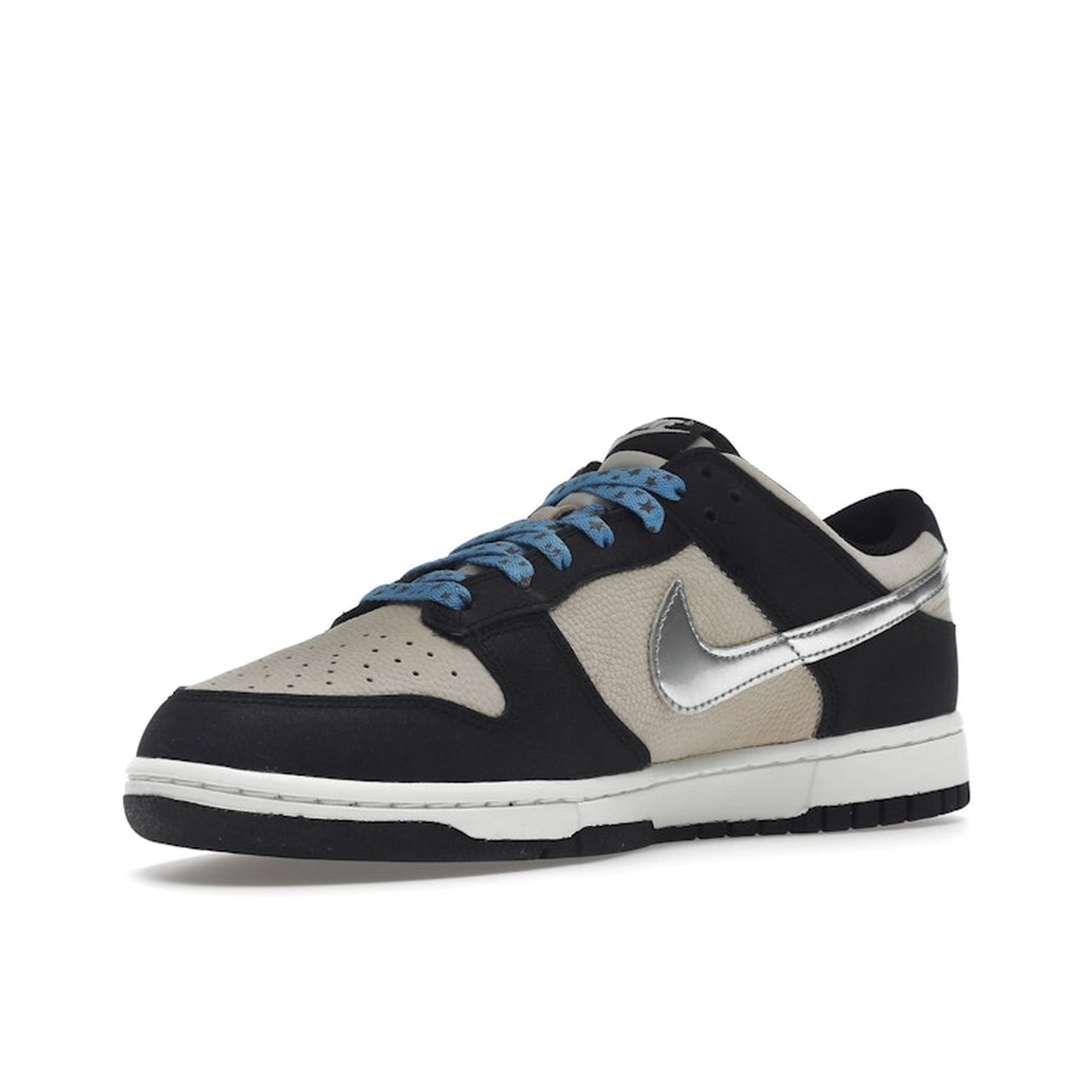 Nike Dunk Low Starry Laces sneakers, front view, model DZ4712-001, women's, black and grey with starry laces.