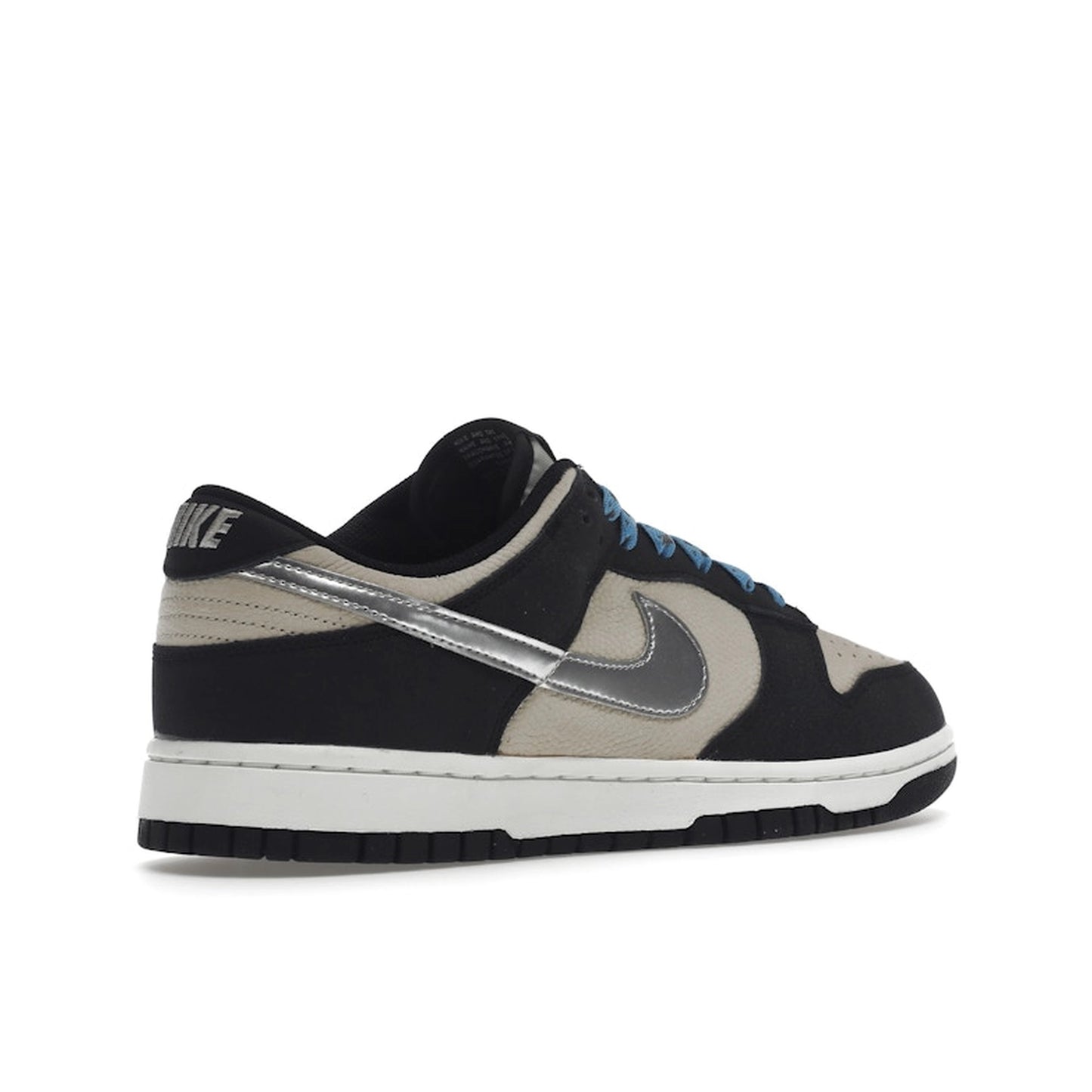 Nike Dunk Low Starry Laces sneakers, back view, model DZ4712-001, women's, black and grey with starry laces.