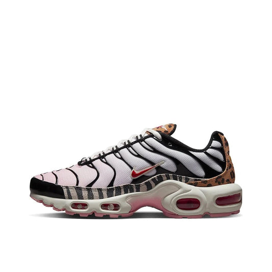 Nike Air Max Plus Animal Instinct sneakers, side view, in pink hues with animal-inspired textures.