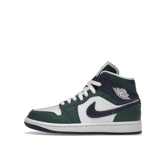 Jordan 1 Mid SE, side view, in premium green and black leather with white sole.