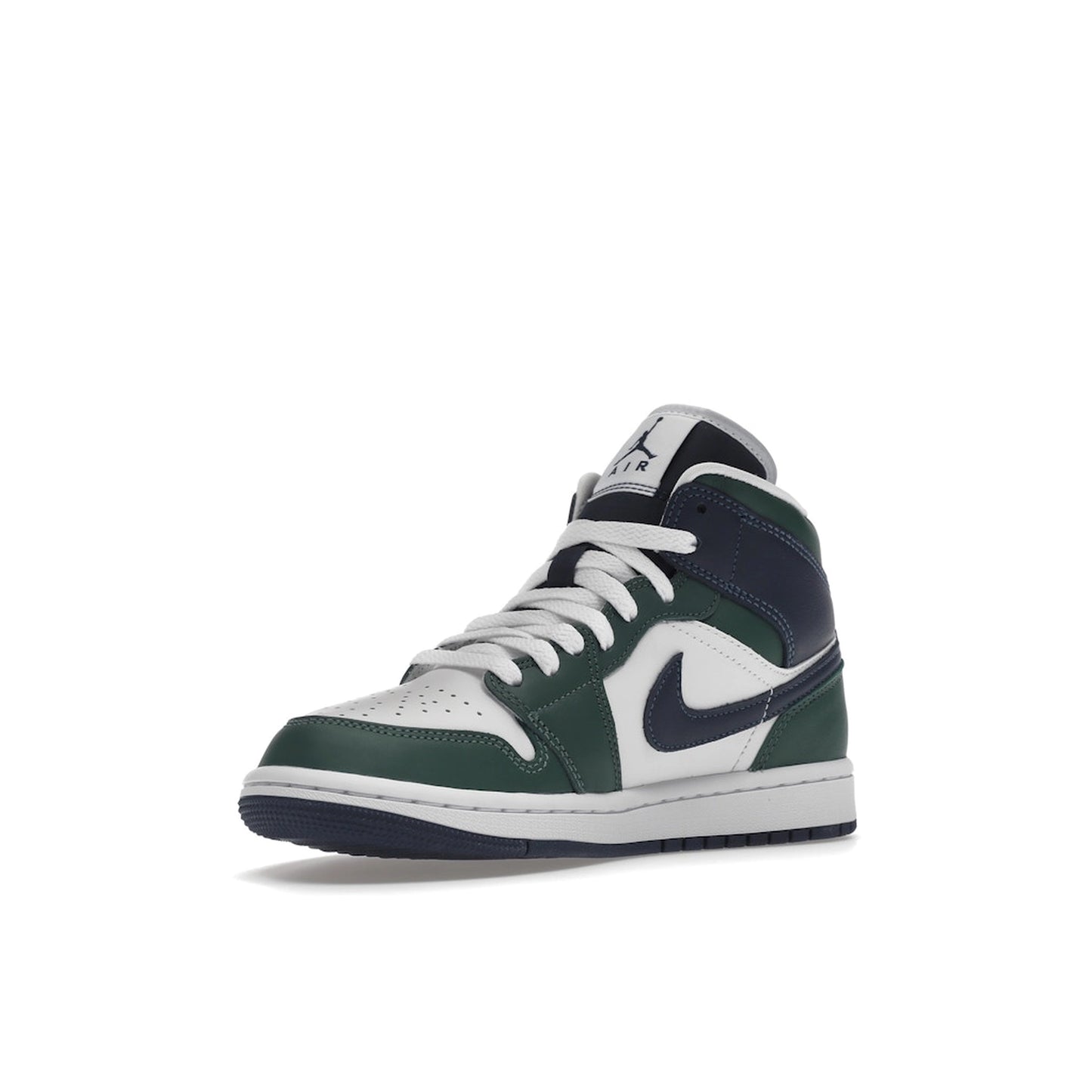 Jordan 1 Mid SE, front view, in premium green and black leather with white sole.