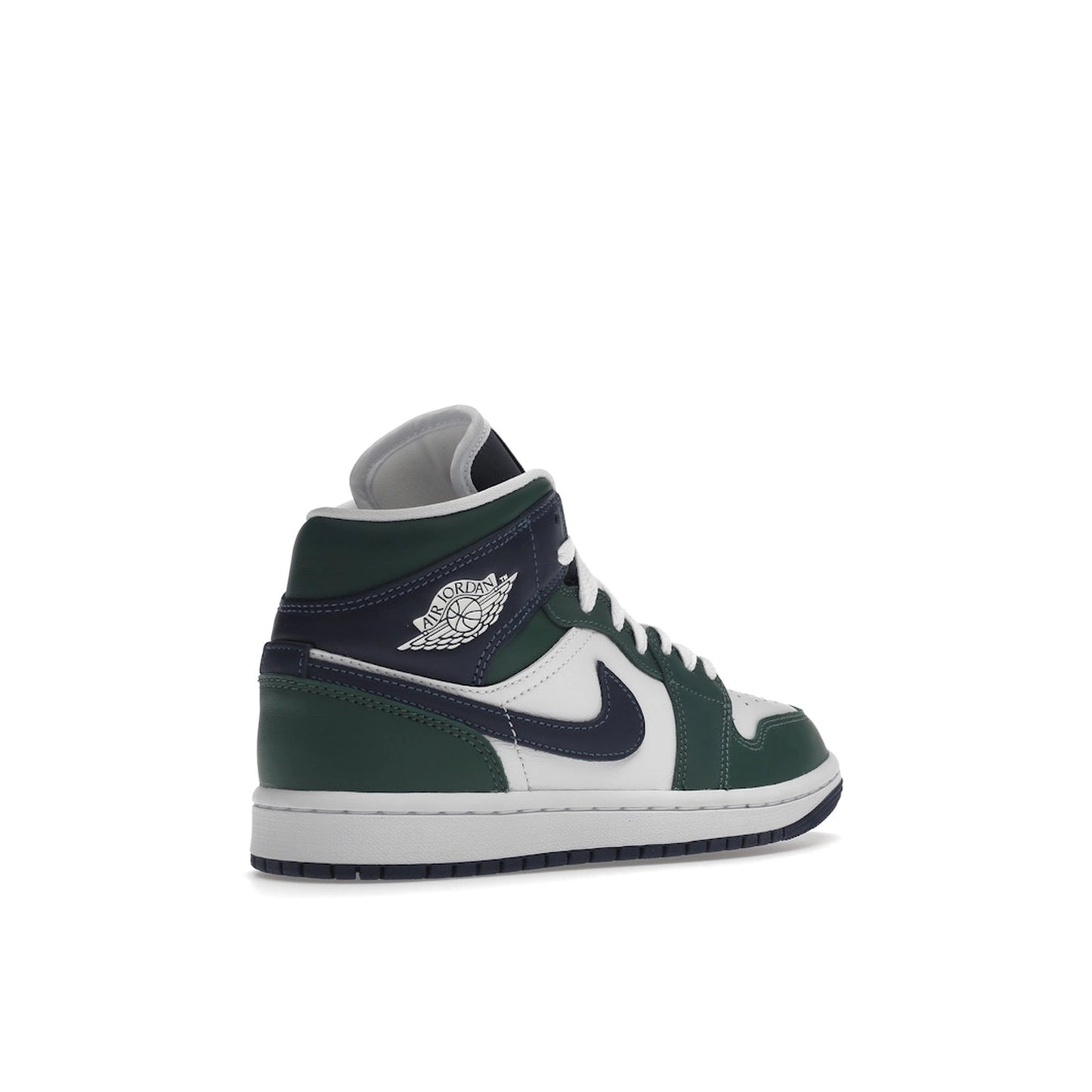 Jordan 1 Mid SE, back view, in premium green and black leather with white sole.