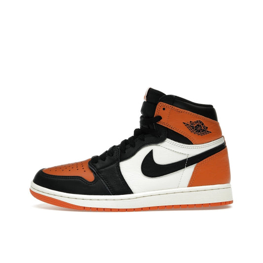 Jordan 1 Retro High OG Shattered Backboard 2025, side view, in black, orange and sail leather.