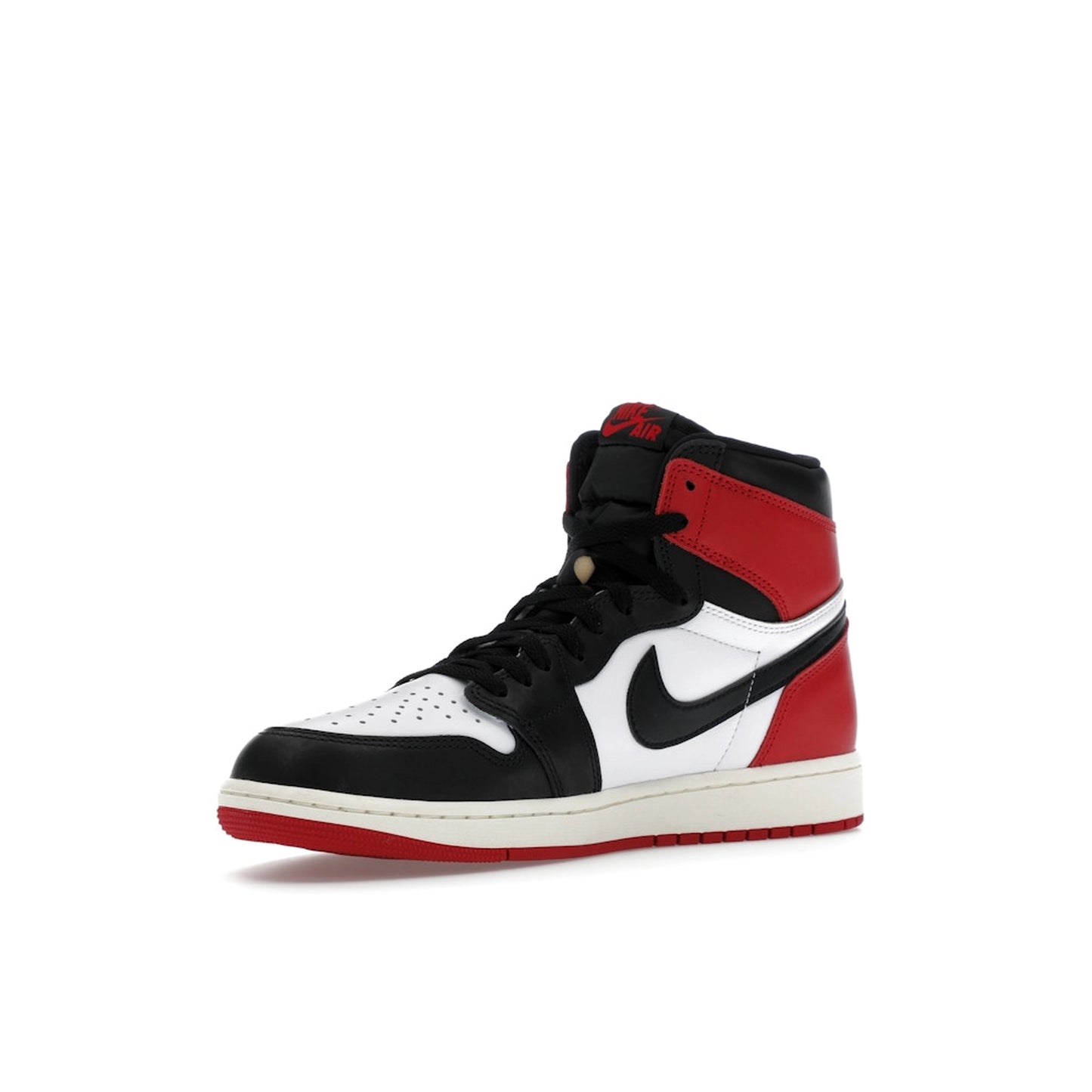 Jordan 1 Retro High OG sneakers, front view, in Black Toe Reimagined colorway.