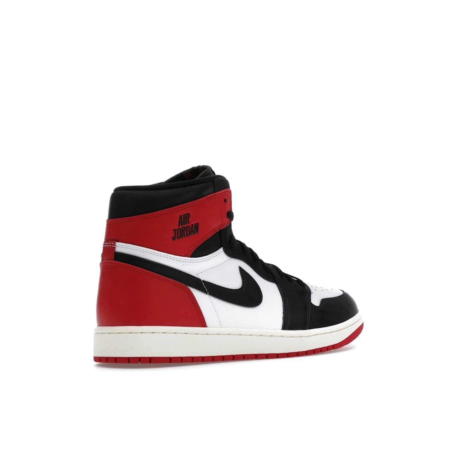 Jordan 1 Retro High OG sneakers, back view, in Black Toe Reimagined colorway.