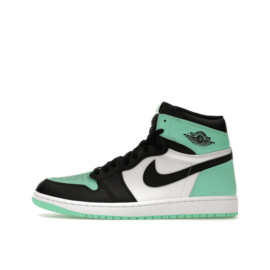 Jordan 1 Retro High OG Green Glow sneakers, side view, model DZ5485-130, in white with green glow accents.