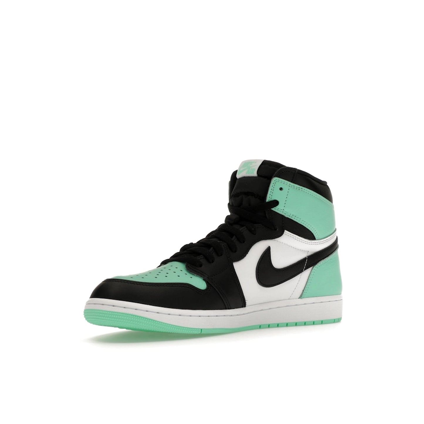 Jordan 1 Retro High OG Green Glow sneakers, front view, model DZ5485-130, in white with green glow accents.