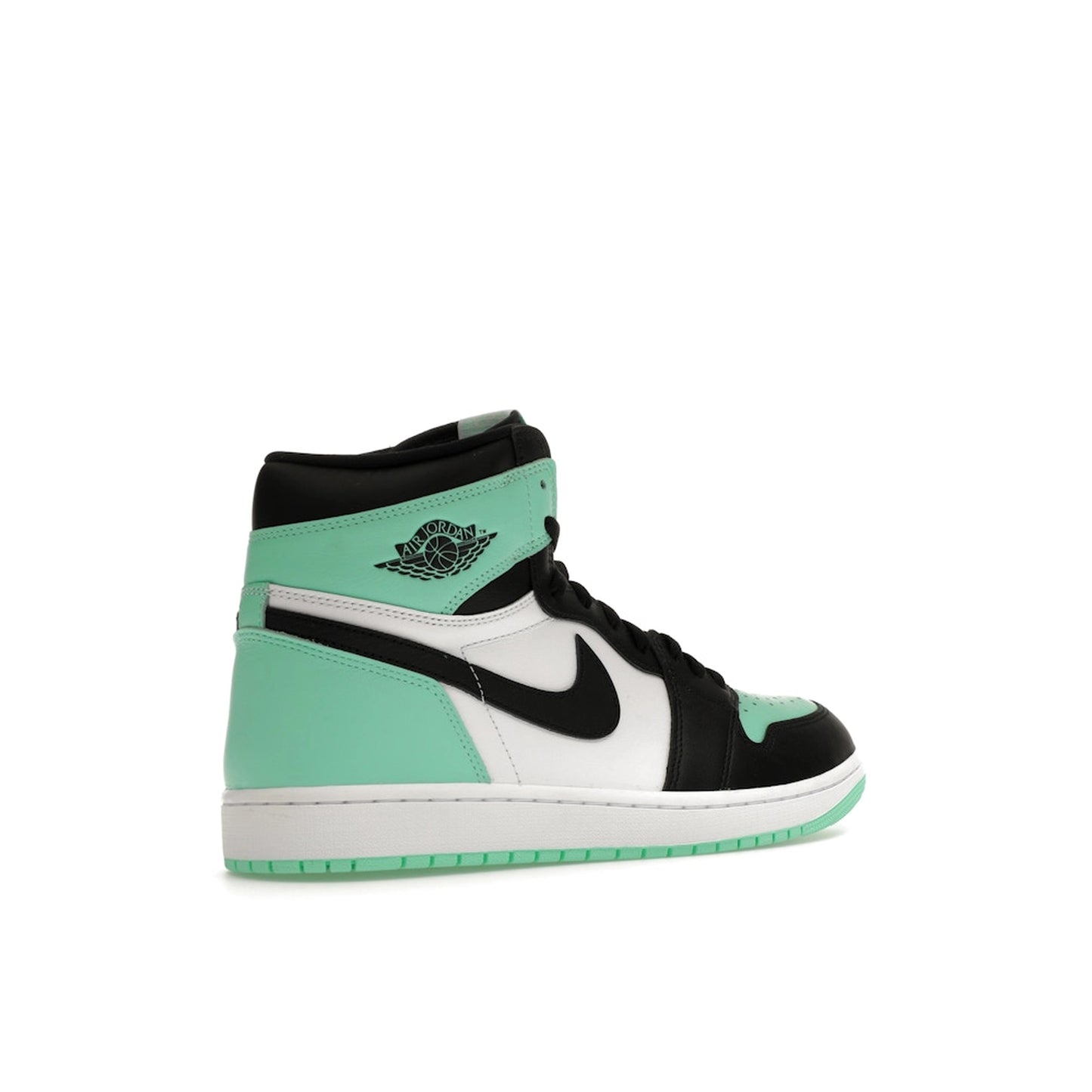 Jordan 1 Retro High OG Green Glow sneakers, back view, model DZ5485-130, in white with green glow accents.