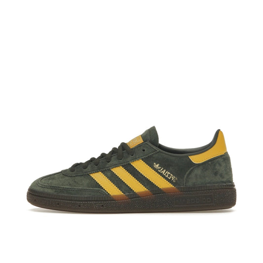 adidas Handball Spezial sneakers, side view, model EF5748 in night cargo with yellow accents.