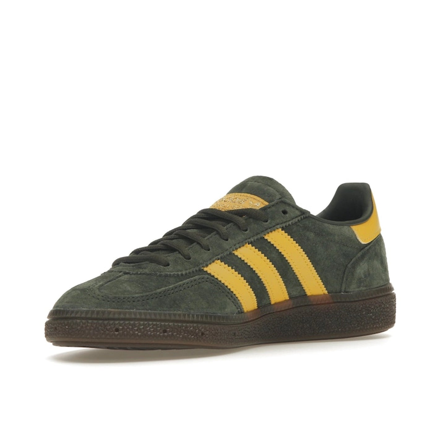 adidas Handball Spezial sneakers, front view, model EF5748 in night cargo with yellow accents.