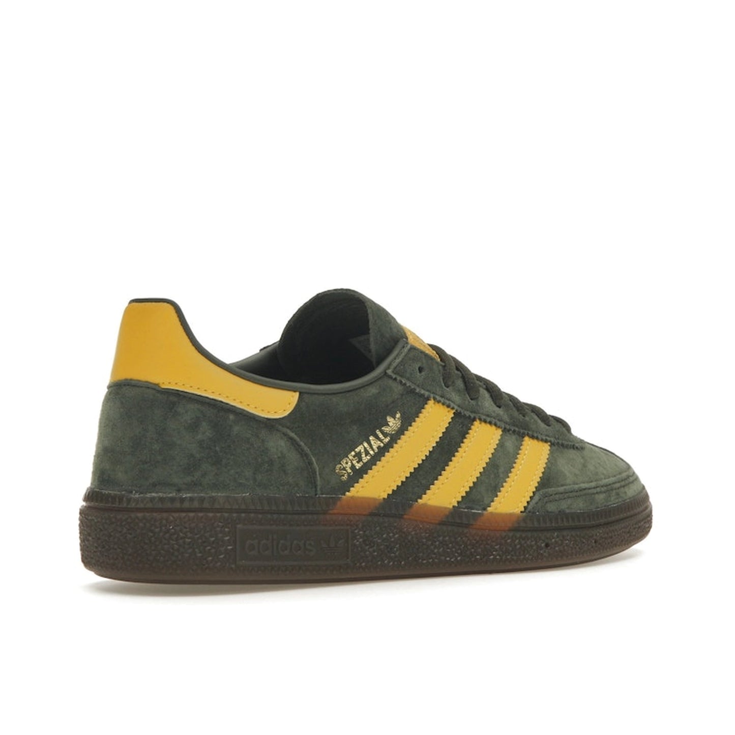 adidas Handball Spezial sneakers, back view, model EF5748 in night cargo with yellow accents.