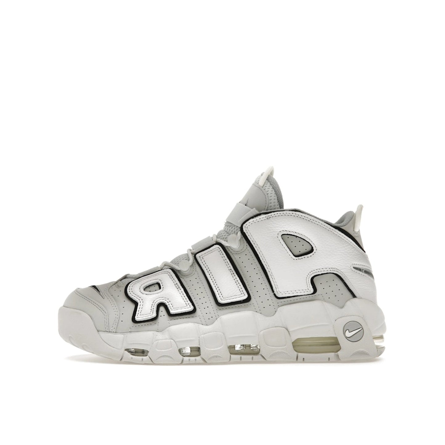 Nike Air More Uptempo 96 Photon Dust sneakers, side view, model FB3021-001 in photon dust with white accents.