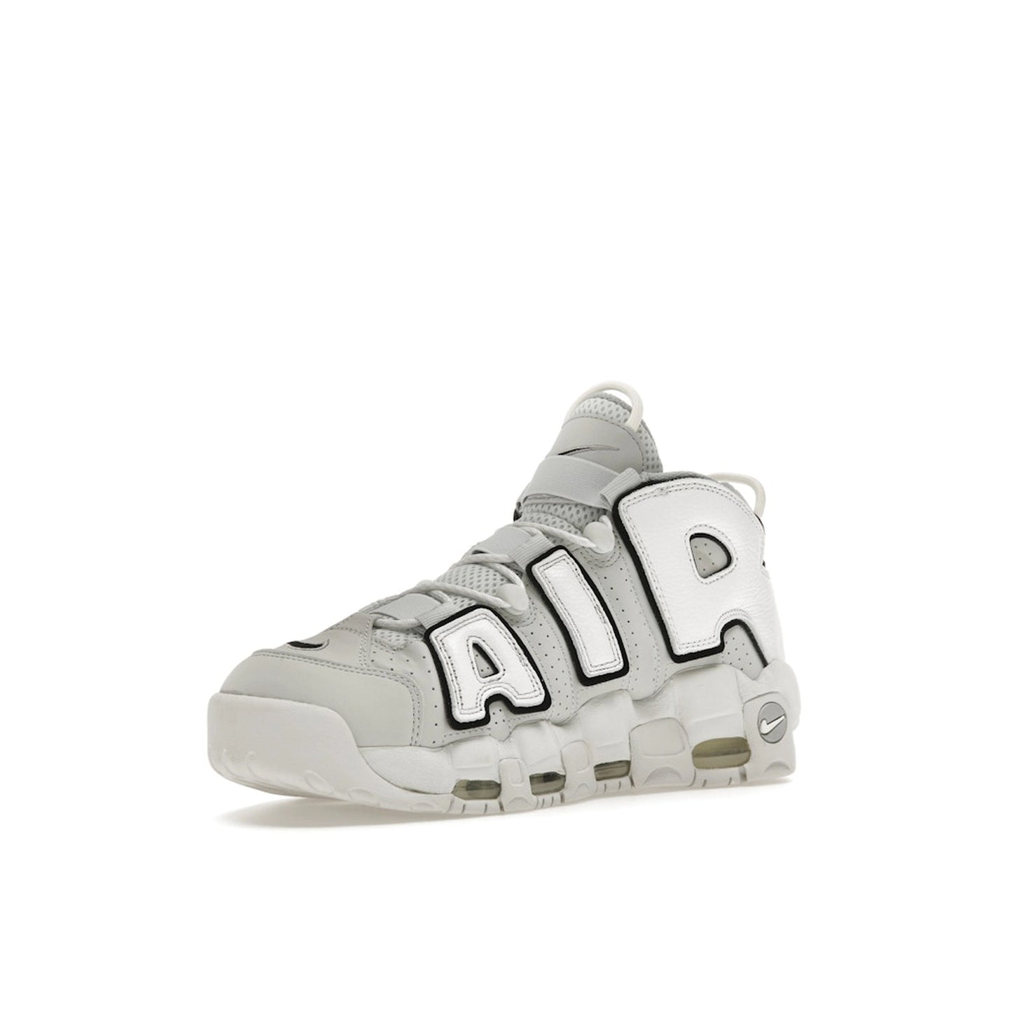 Nike Air More Uptempo 96 Photon Dust sneakers, front view, model FB3021-001 in photon dust with white accents.