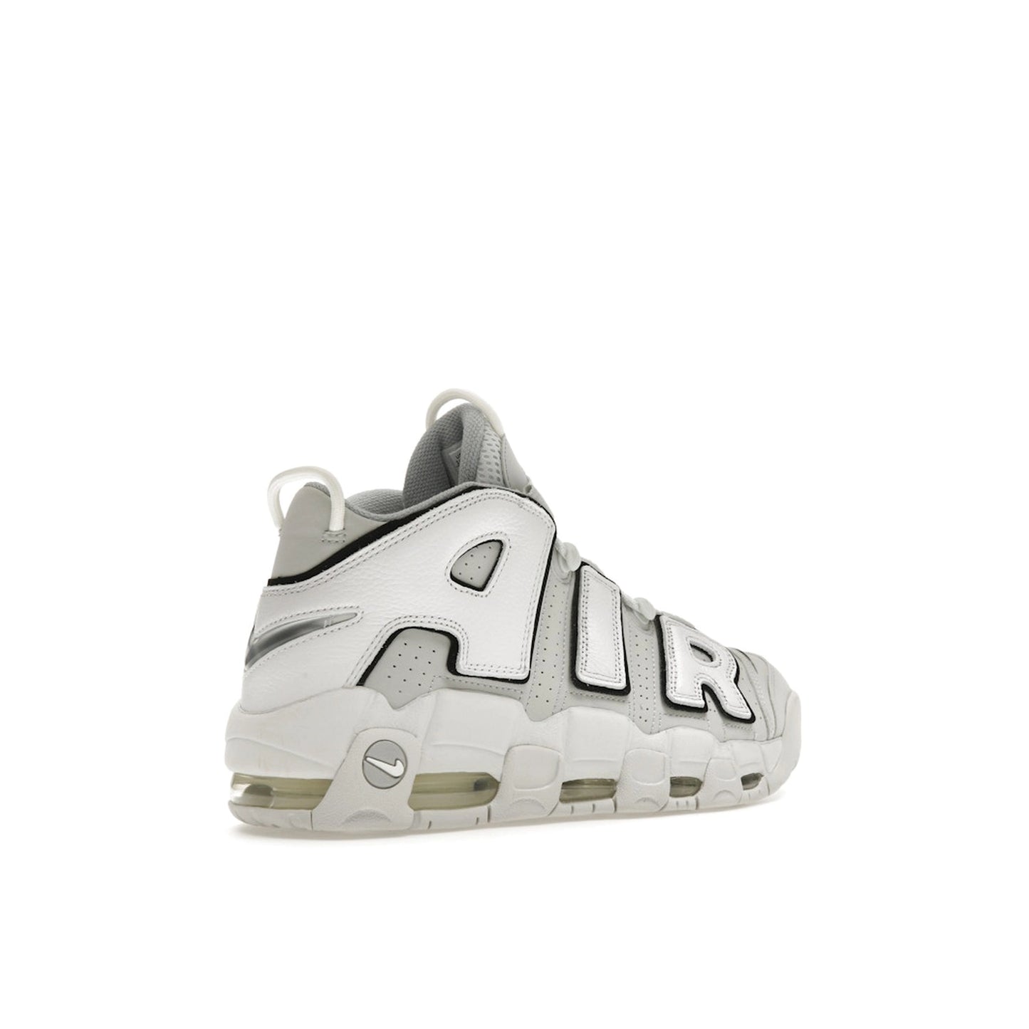 Nike Air More Uptempo 96 Photon Dust sneakers, back view, model FB3021-001 in photon dust with white accents.