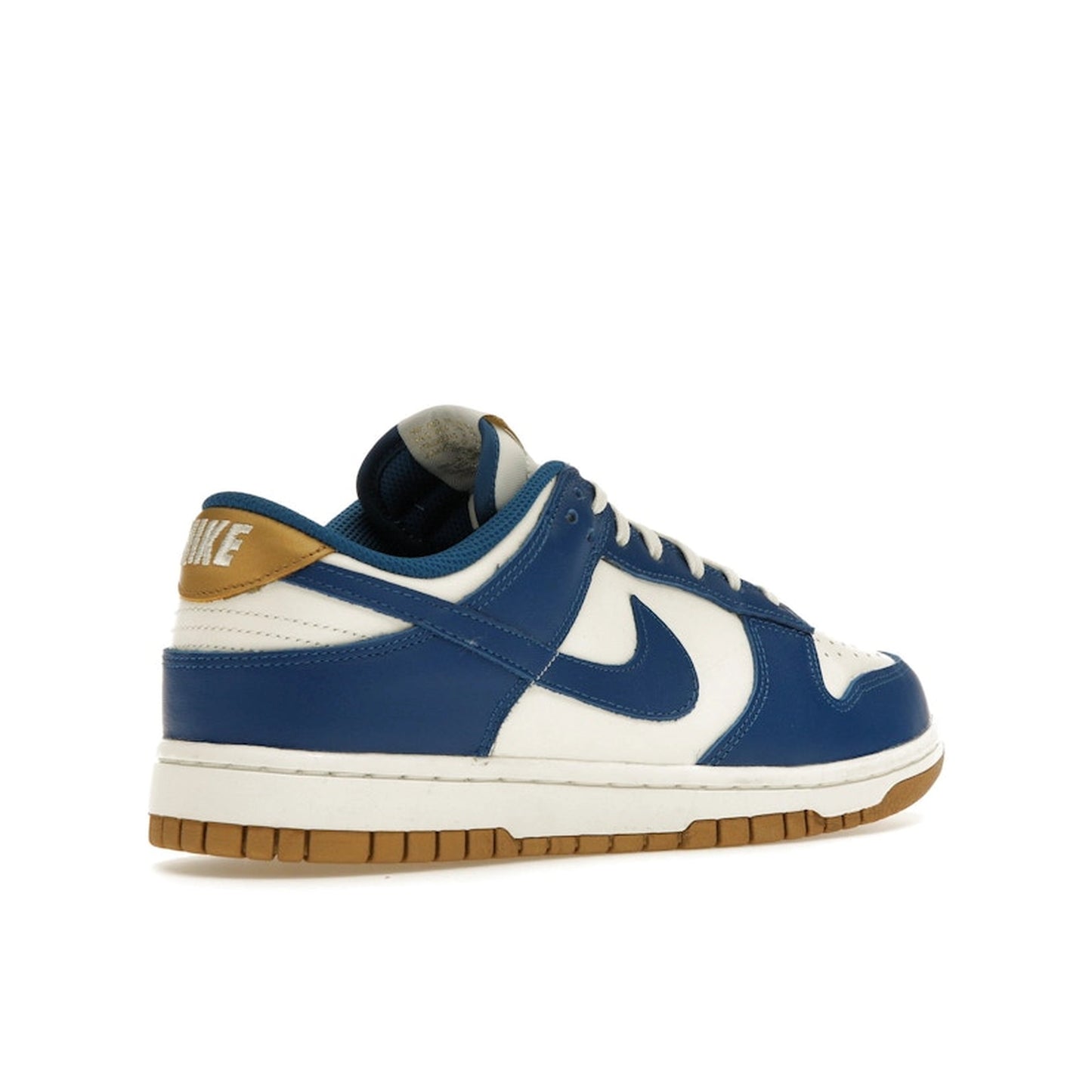 Nike Dunk Low Kansas City Royals Women’s sneakers, back view, in white and royal blue.