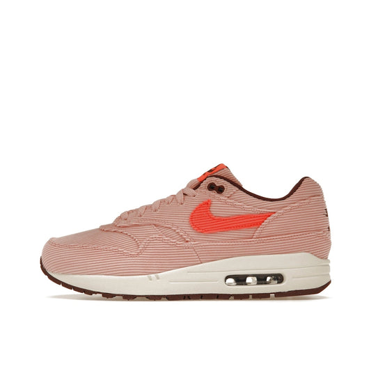 Nike Air Max 1 PRM Corduroy sneakers, side view, model FB8915-600 in coral red.