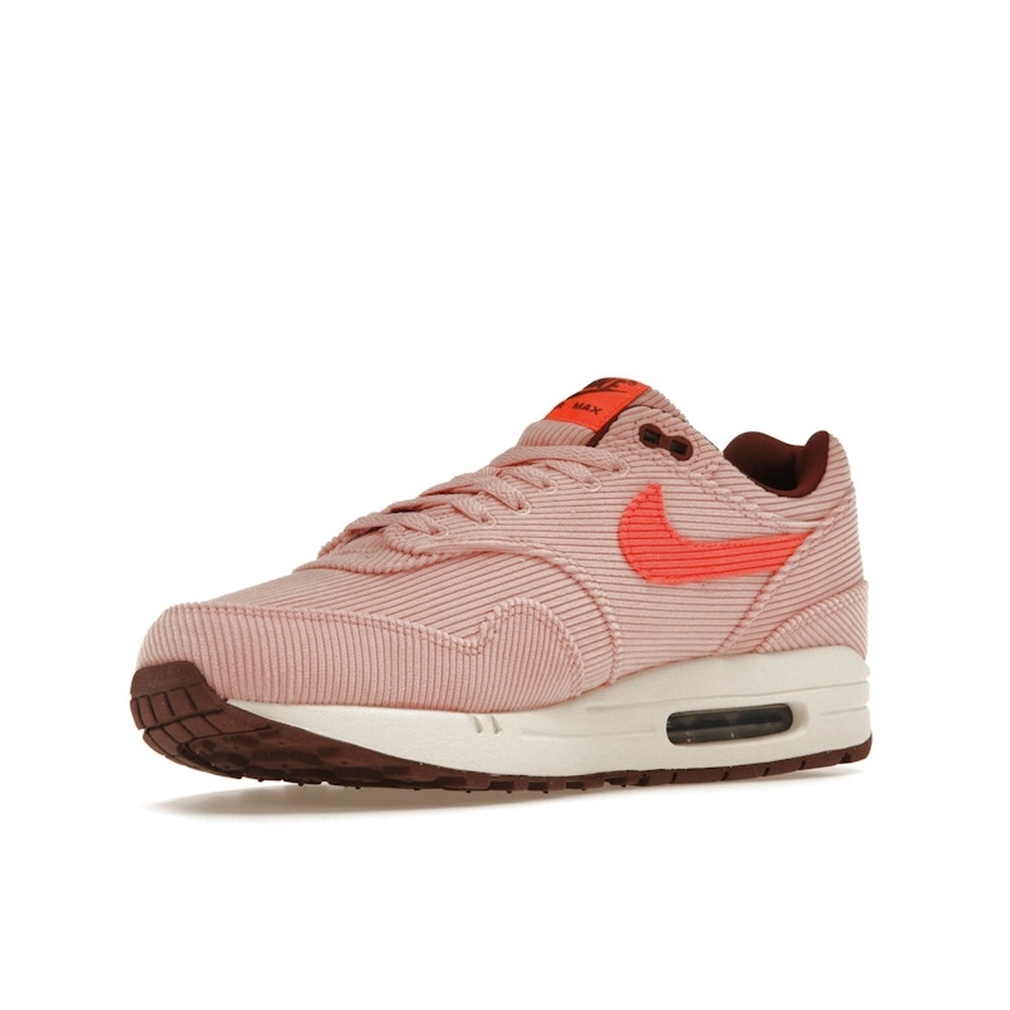 Nike Air Max 1 PRM Corduroy sneakers, front view, model FB8915-600 in coral red.