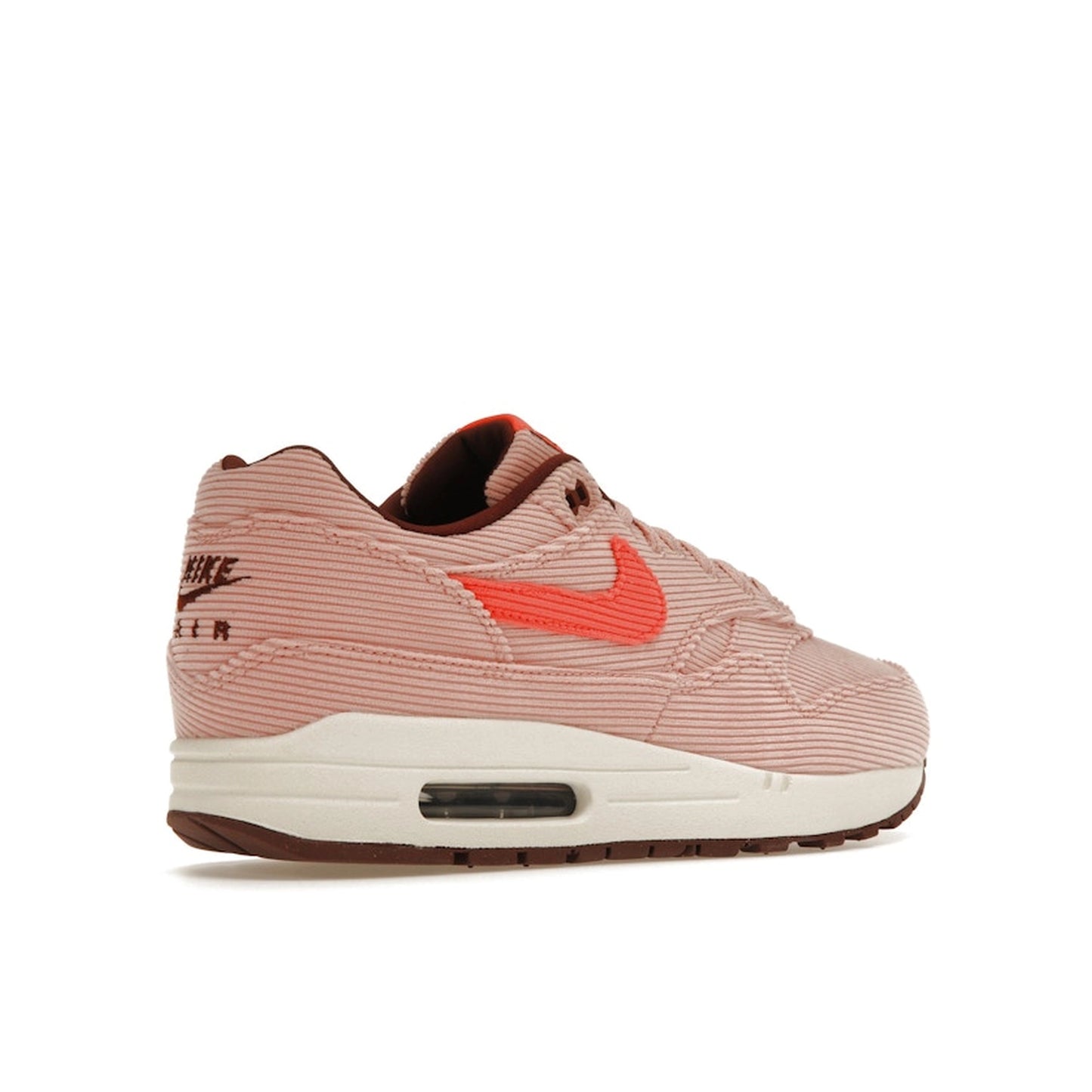 Nike Air Max 1 PRM Corduroy sneakers, back view, model FB8915-600 in coral red.
