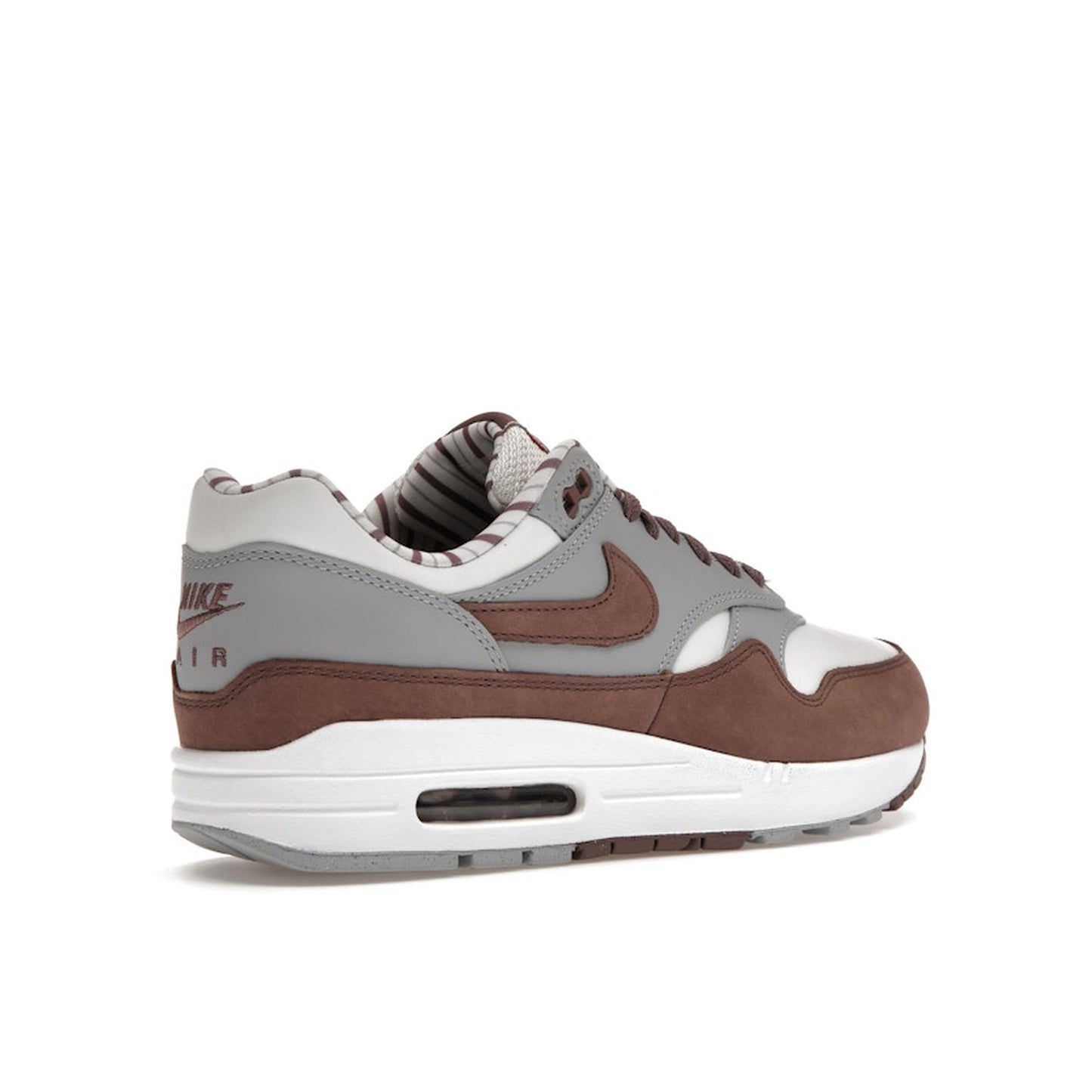 Nike Air Max 1 Premium Shima Shima 2023 sneakers, back view, model FB8916-100, brown with white and grey accents.