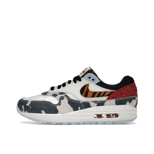 Nike Air Max 1 '87 Great Indoors Women's sneakers, side view, model FD0827-133, in cream with animal print details.