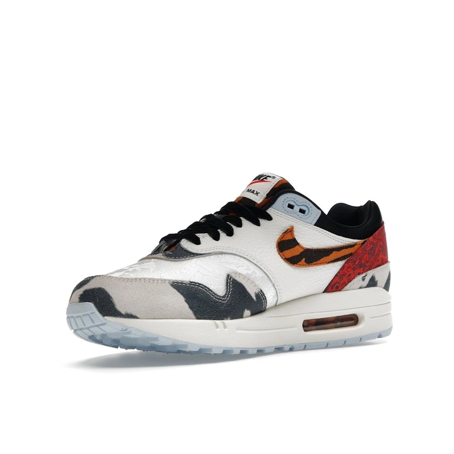 Nike Air Max 1 '87 Great Indoors Women's sneakers, front view, model FD0827-133, in cream with animal print details.