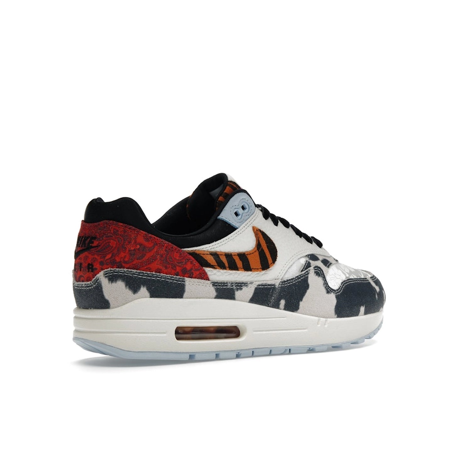 Nike Air Max 1 '87 Great Indoors Women's sneakers, back view, model FD0827-133, in cream with animal print details.