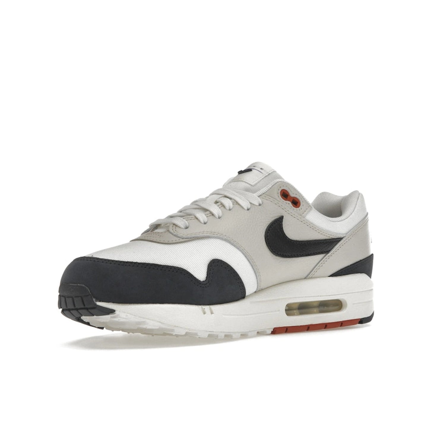 Nike Air Max 1 LX Obsidian Light Orewood Brown Women's sneakers, front view, model FD2370-110 in obsidian with light orewood brown accents.