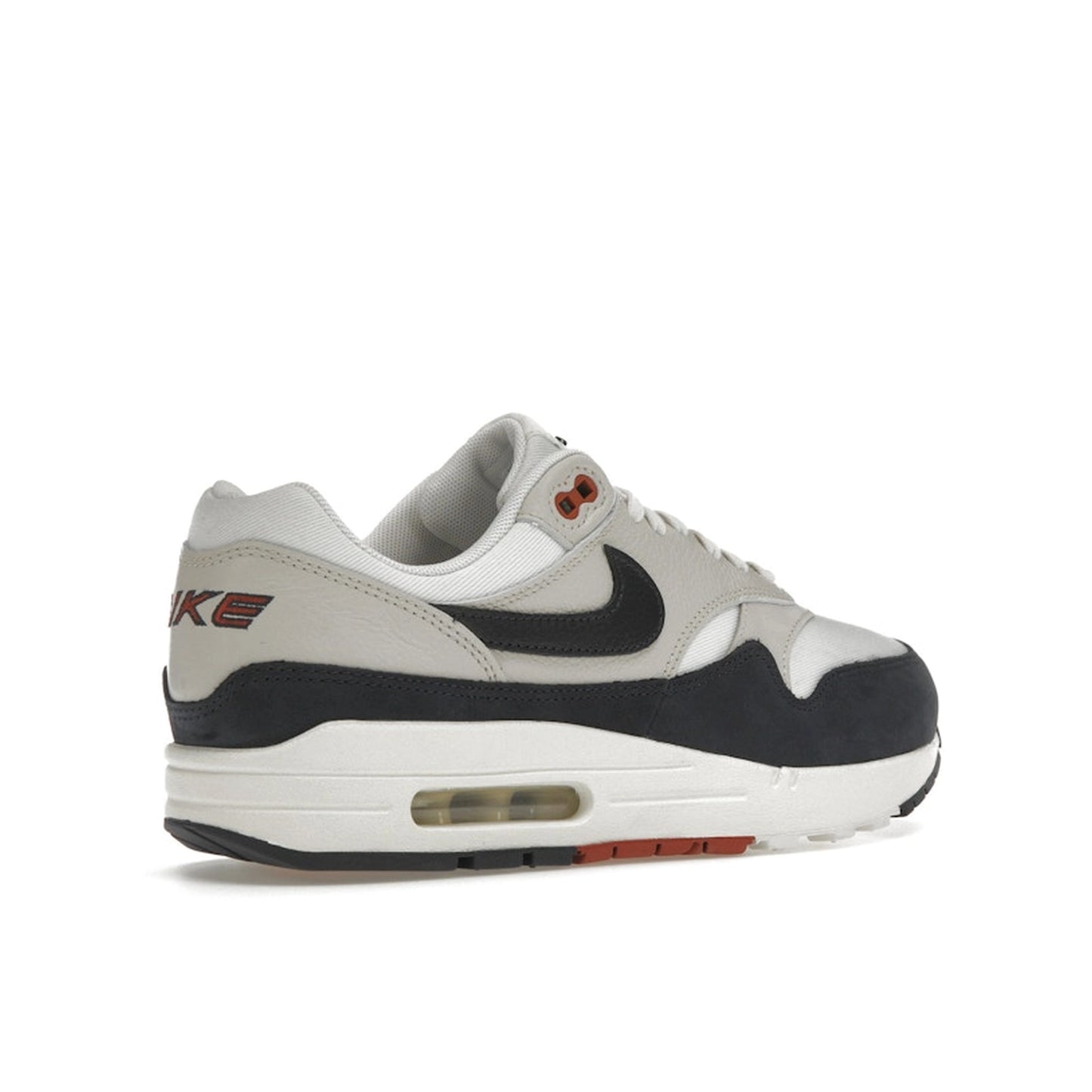Nike Air Max 1 LX Obsidian Light Orewood Brown Women's sneakers, back view, model FD2370-110 in obsidian with light orewood brown accents.