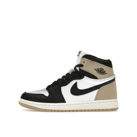 Jordan 1 Retro High OG Latte sneakers for women, side view, model FD2596-021, in beige with chocolate accents.