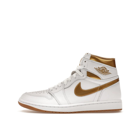 Jordan 1 Retro High OG Metallic Gold Women's sneakers, side view, model FD2596-107, in white with metallic gold details.