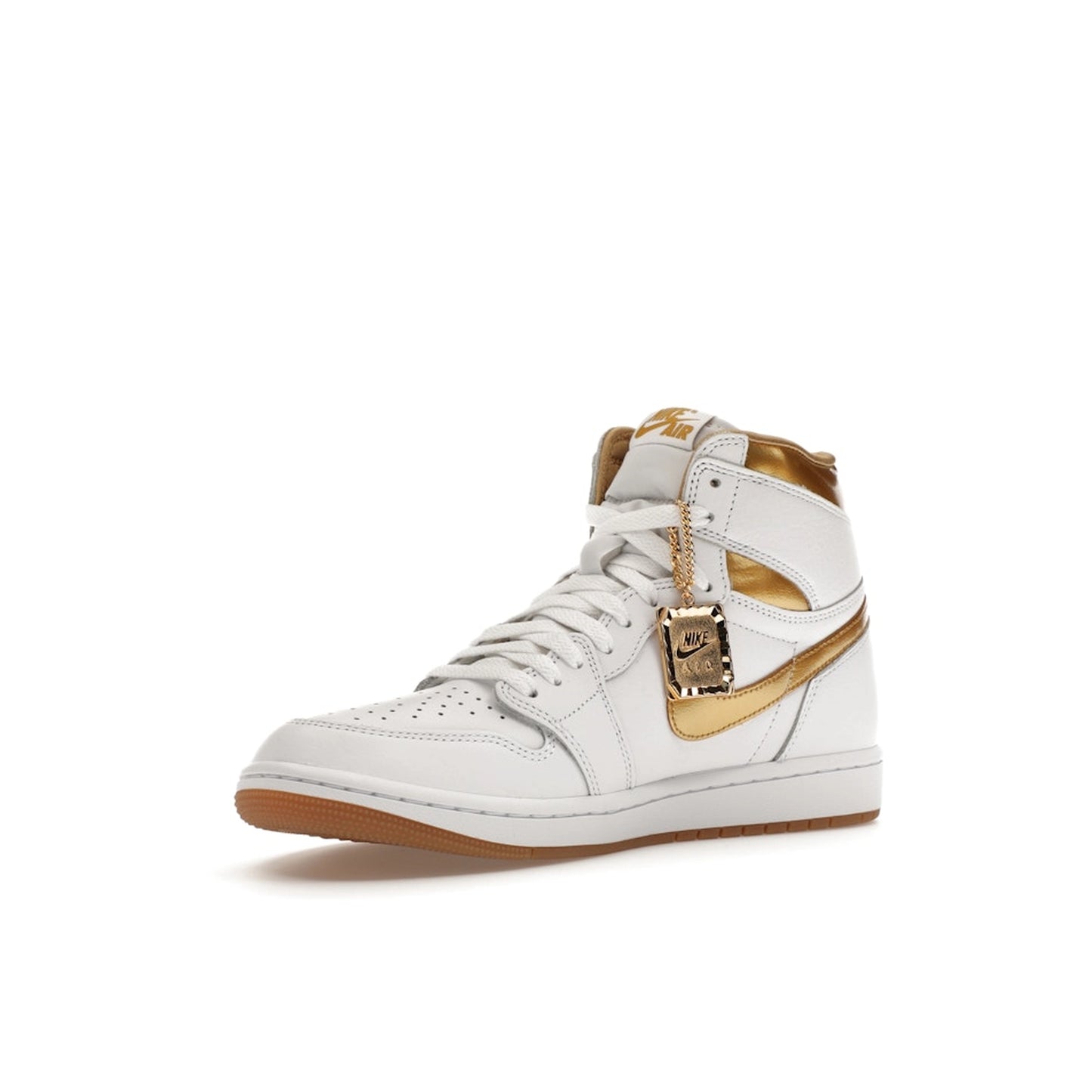 Jordan 1 Retro High OG Metallic Gold Women's sneakers, front view, model FD2596-107, in white with metallic gold details.