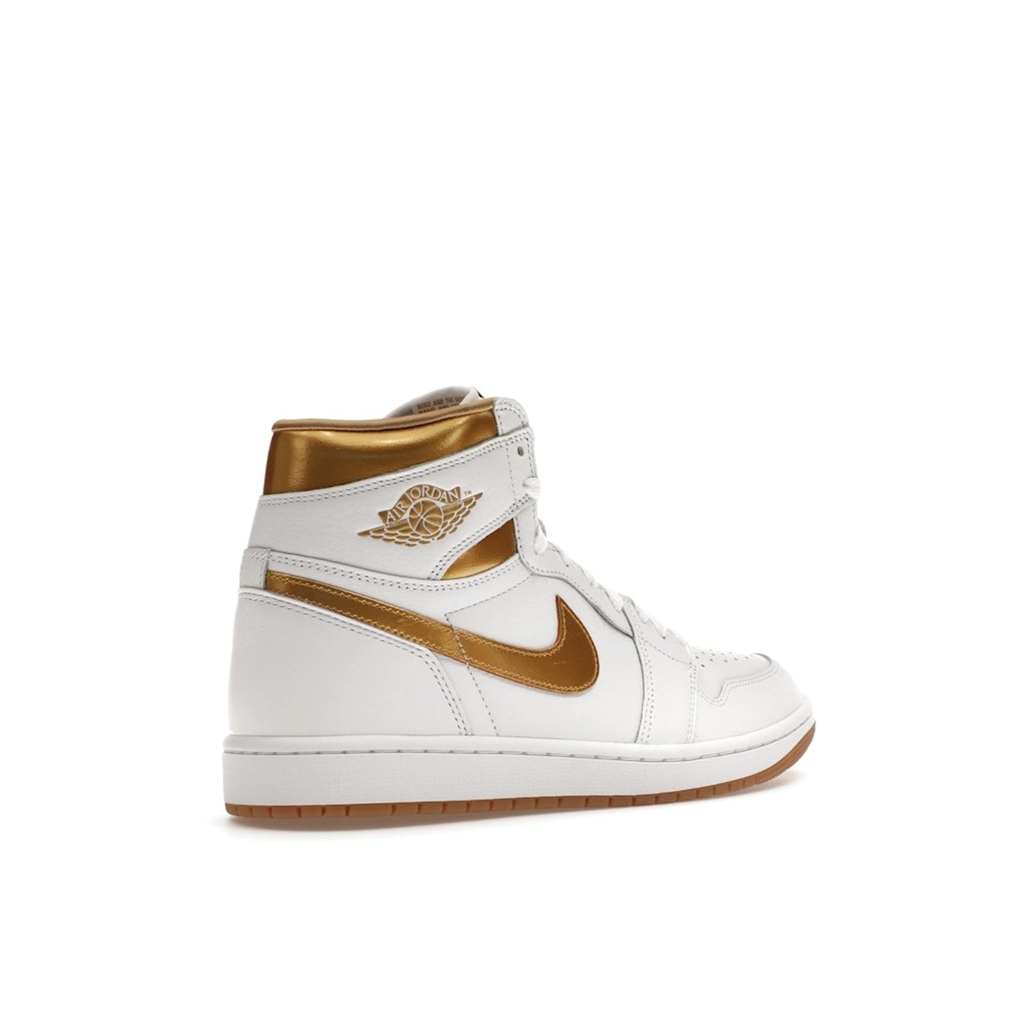Jordan 1 Retro High OG Metallic Gold Women's sneakers, back view, model FD2596-107, in white with metallic gold details.