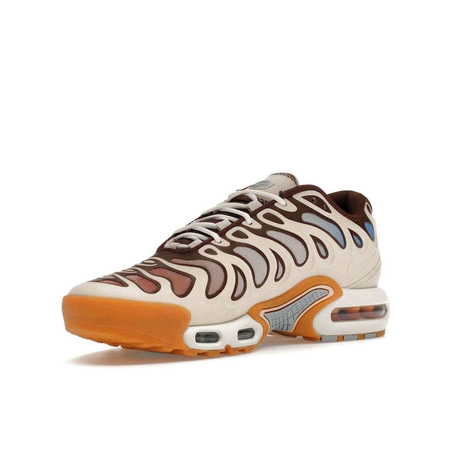 Nike Air Max Plus Drift sneakers, front view, model FD4290-001, in Phantom and Cacao Wow, beige and brown.