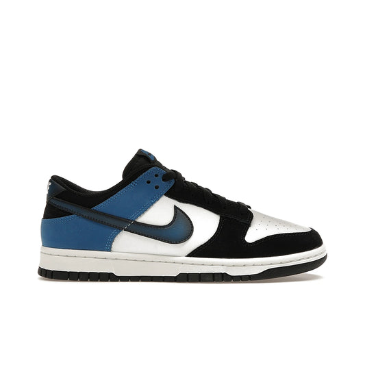 Nike Dunk Low in summit white with industrial blue, black accents, leather upper