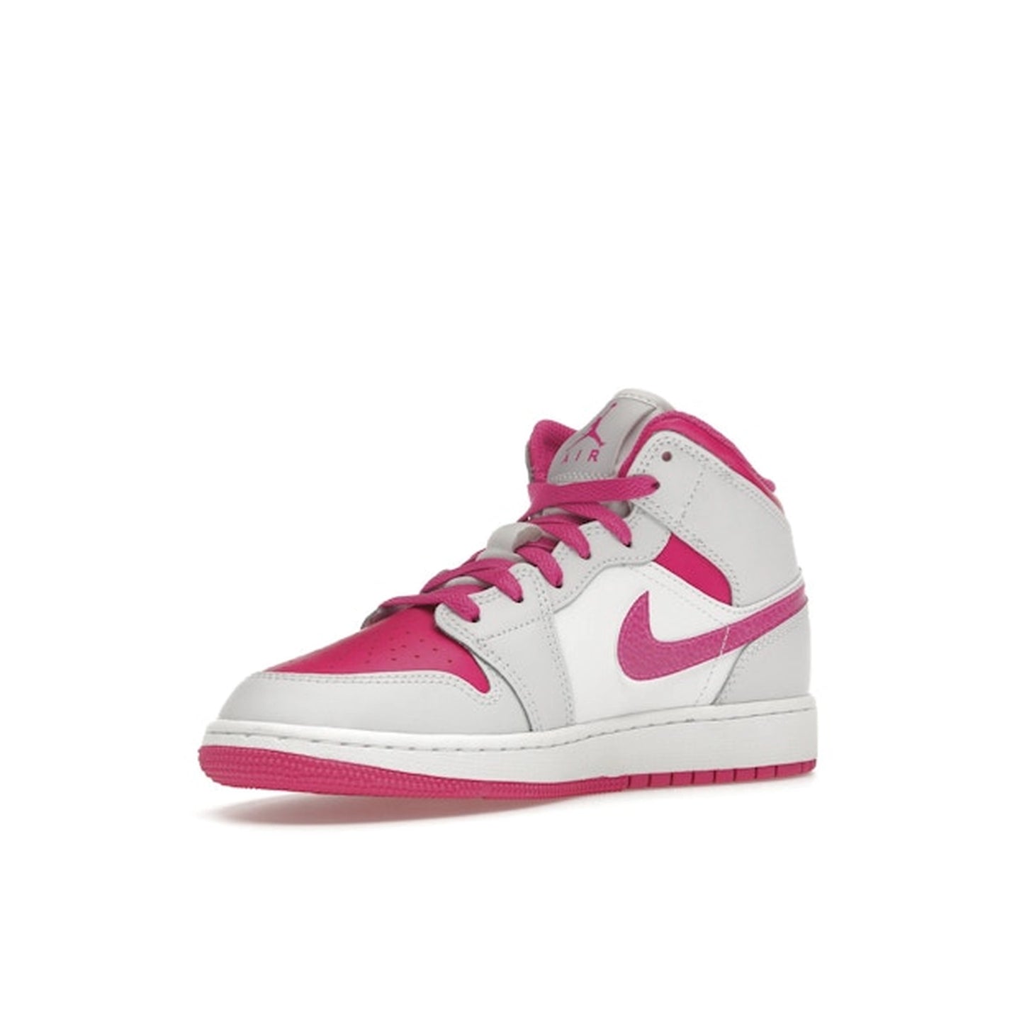 Jordan 1 Mid Fire Pink GS sneakers, front view, model FD8780-500, in vibrant fire pink with white accents.