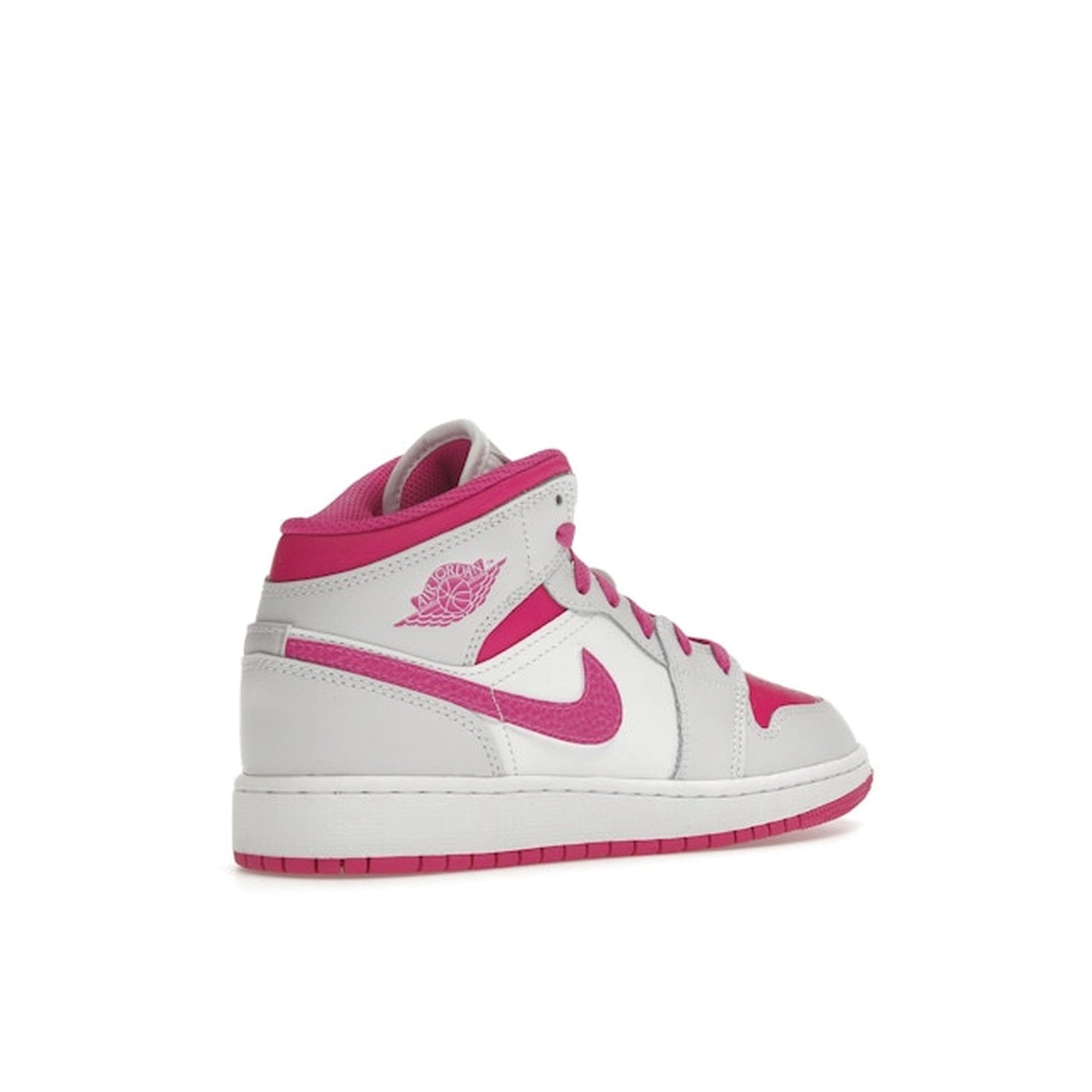 Jordan 1 Mid Fire Pink GS sneakers, back view, model FD8780-500, in vibrant fire pink with white accents.