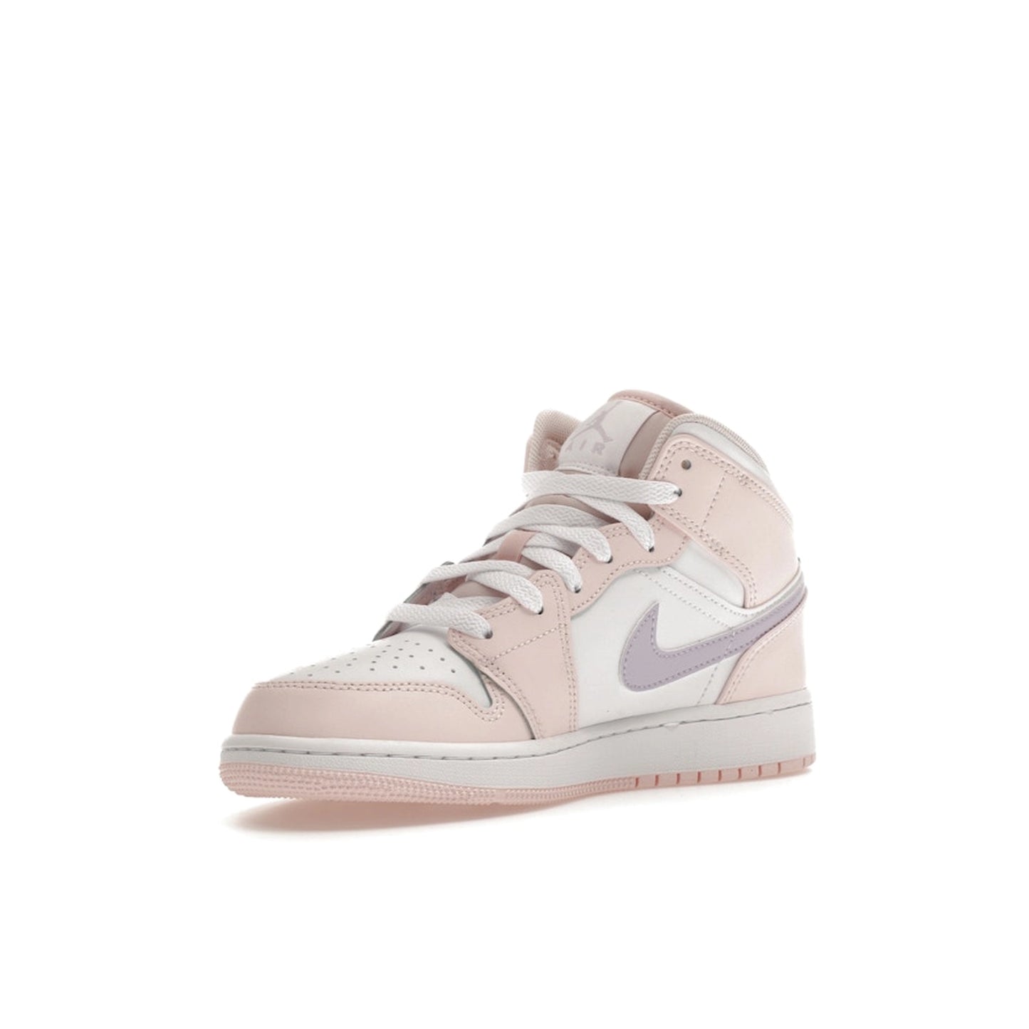 Jordan 1 Mid GS sneakers, front view, in pink wash with white accents.