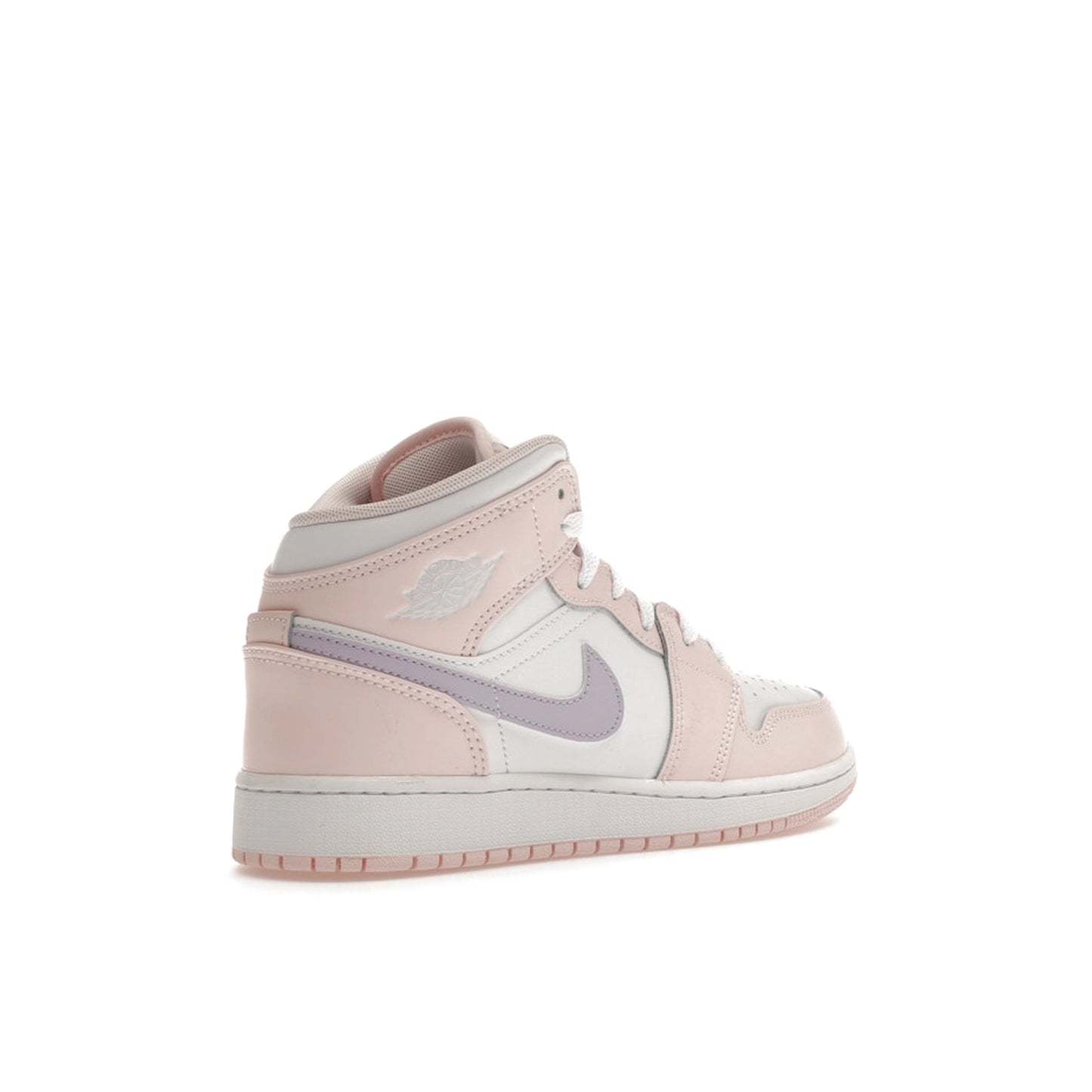 Jordan 1 Mid GS sneakers, back view, in pink wash with white accents.