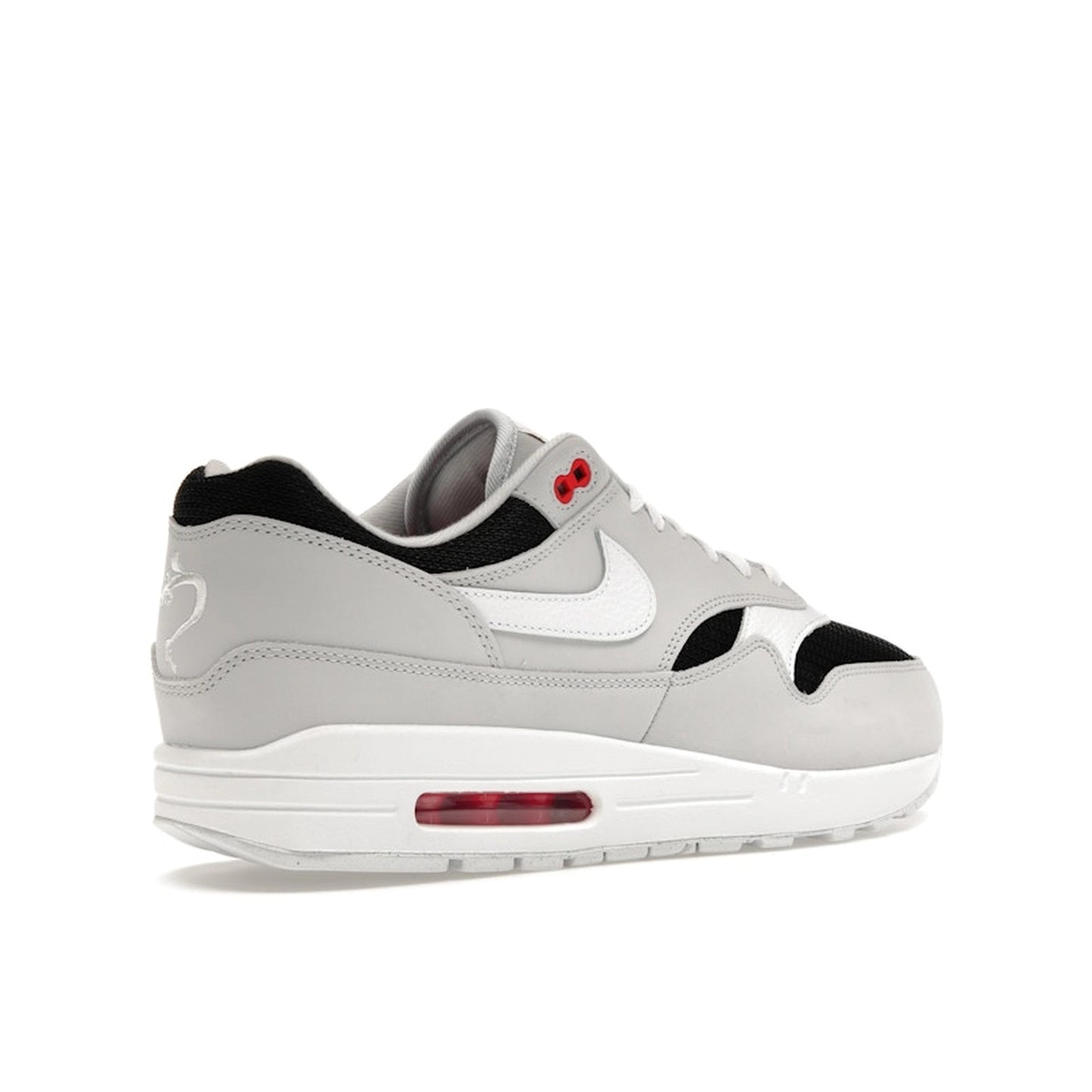 Nike Air Max 1 Urawa 2023 sneakers, back view, model FD9081-001 in grey, black and red details.