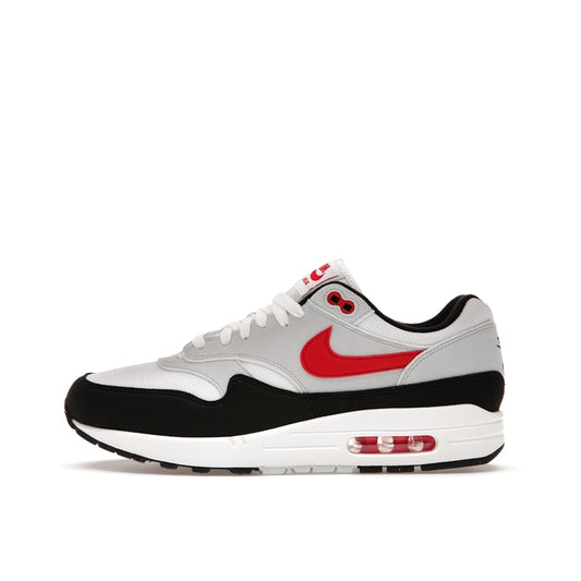 Nike Air Max 1 Chili 2.0 sneakers, side view, model FD9082-101 in white and red.