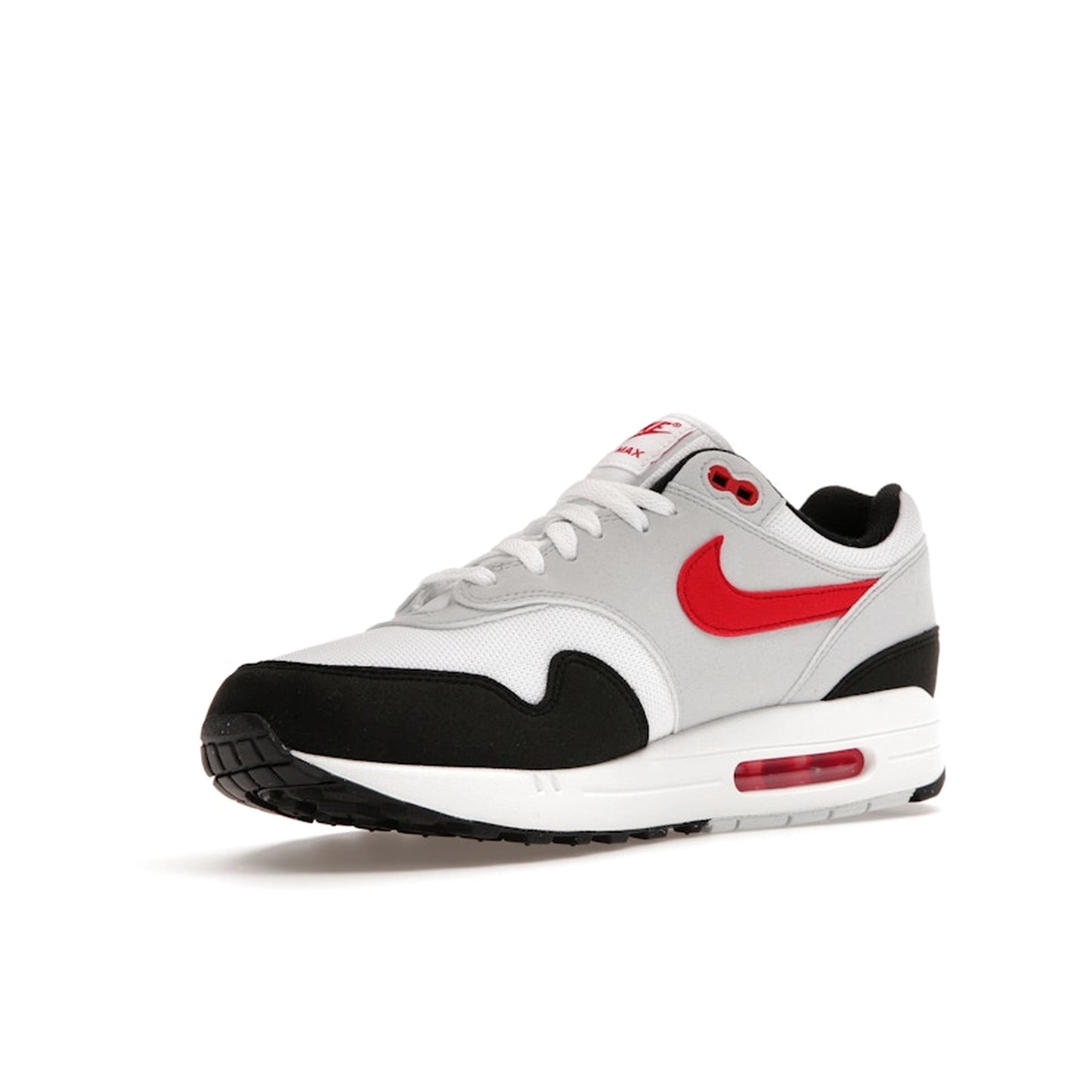 Nike Air Max 1 Chili 2.0 sneakers, front view, model FD9082-101 in white and red.