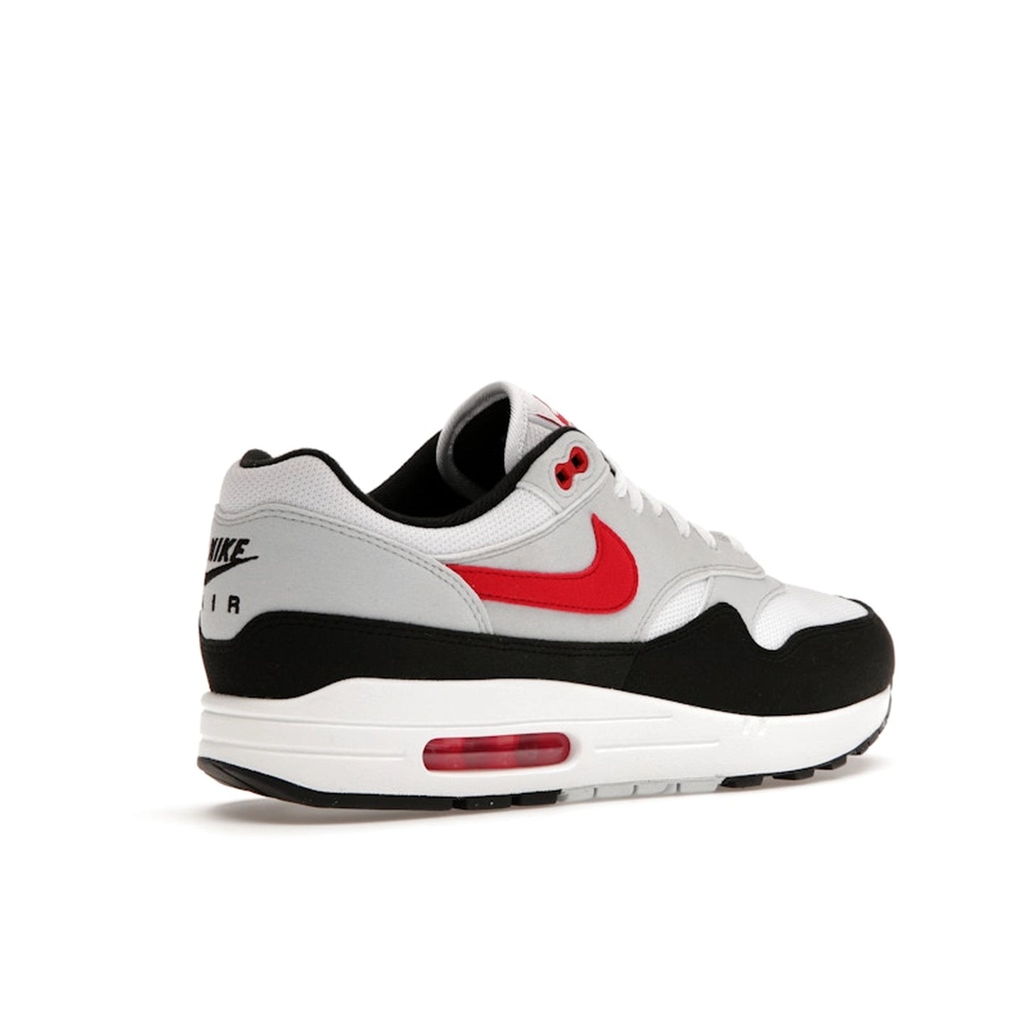 Nike Air Max 1 Chili 2.0 sneakers, back view, model FD9082-101 in white and red.