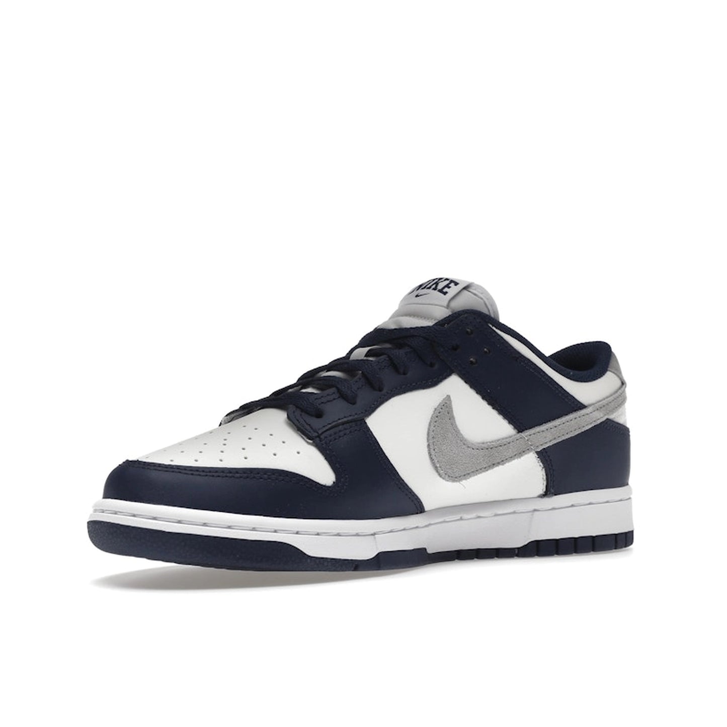 Nike Dunk Low Summit White Midnight Navy sneakers, front view, model FD9749-400 in white with navy accents.