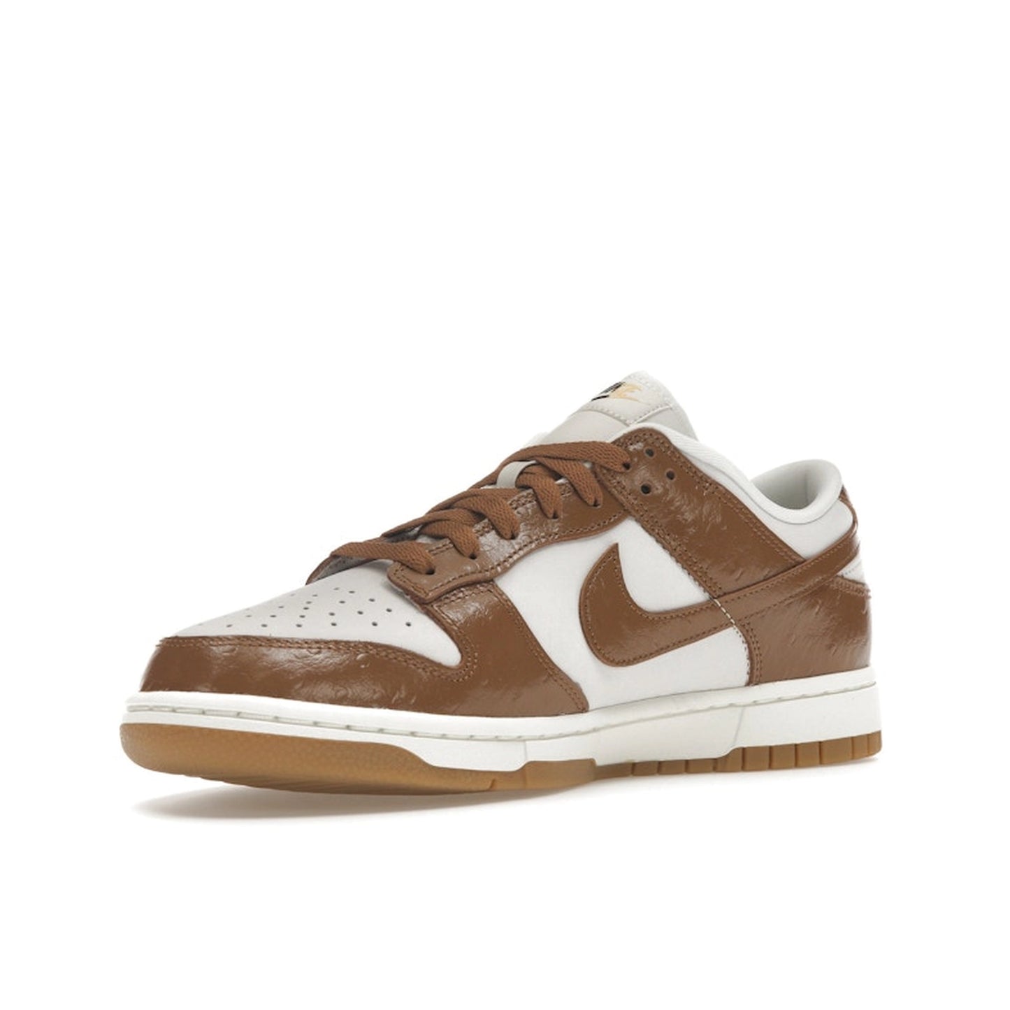 Nike Dunk Low LX Ale Brown Ostrich, front view, in dark brown with embossed leather details.