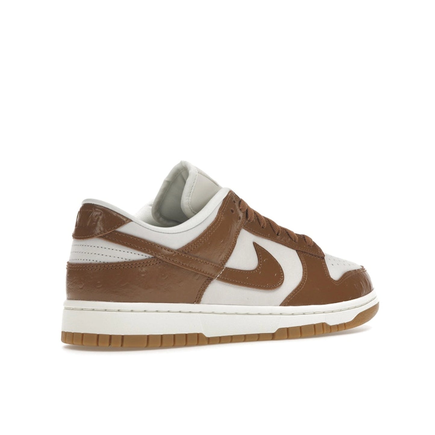 Nike Dunk Low LX Ale Brown Ostrich, back view, in dark brown with embossed leather details.